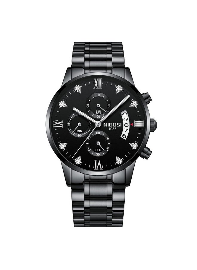 NIBOSI - NIBOSI Watch For Men Fashion Business Men Watches Ultra-Thin Waterproof Chronograph Quartz Watches With Stainless Steel Band, Band Color:Black - Image 1