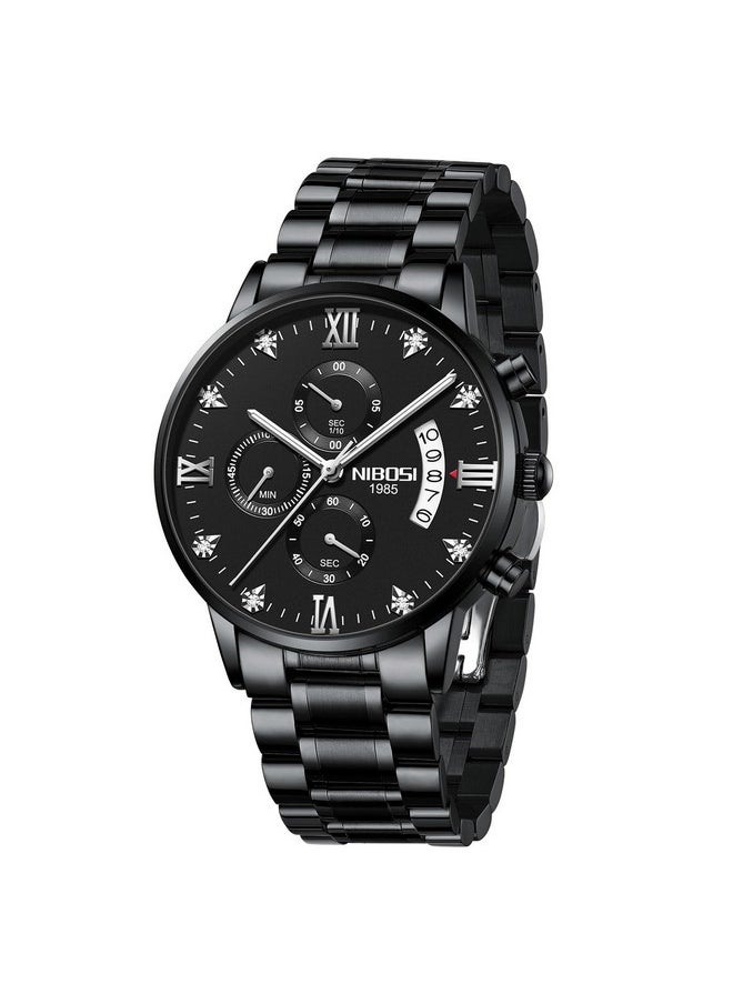 NIBOSI - NIBOSI Watch For Men Fashion Business Men Watches Ultra-Thin Waterproof Chronograph Quartz Watches With Stainless Steel Band, Band Color:Black - Image 1