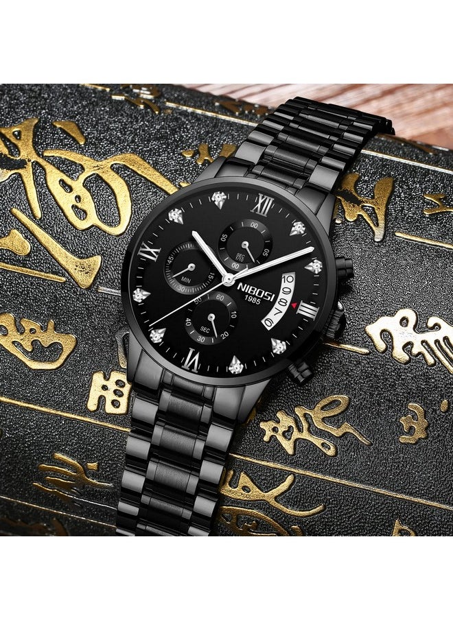 NIBOSI - NIBOSI Watch For Men Fashion Business Men Watches Ultra-Thin Waterproof Chronograph Quartz Watches With Stainless Steel Band, Band Color:Black - Image 1