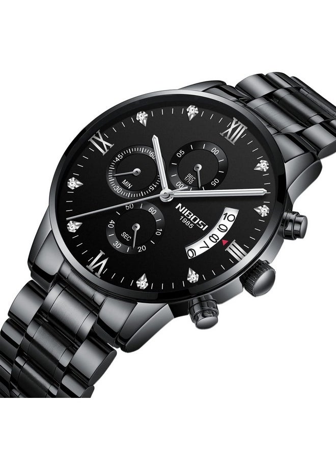 NIBOSI - NIBOSI Watch For Men Fashion Business Men Watches Ultra-Thin Waterproof Chronograph Quartz Watches With Stainless Steel Band, Band Color:Black - Image 1