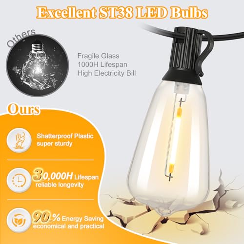 Brightever 50FT Outdoor String Lights Waterproof, 2700K Bright LED Patio Lights with 27 ST38 Shatterproof Vintage Bulbs, Retro Connectable Edison String Lights for Outside, Garden, Balcony, Porch - Image 2