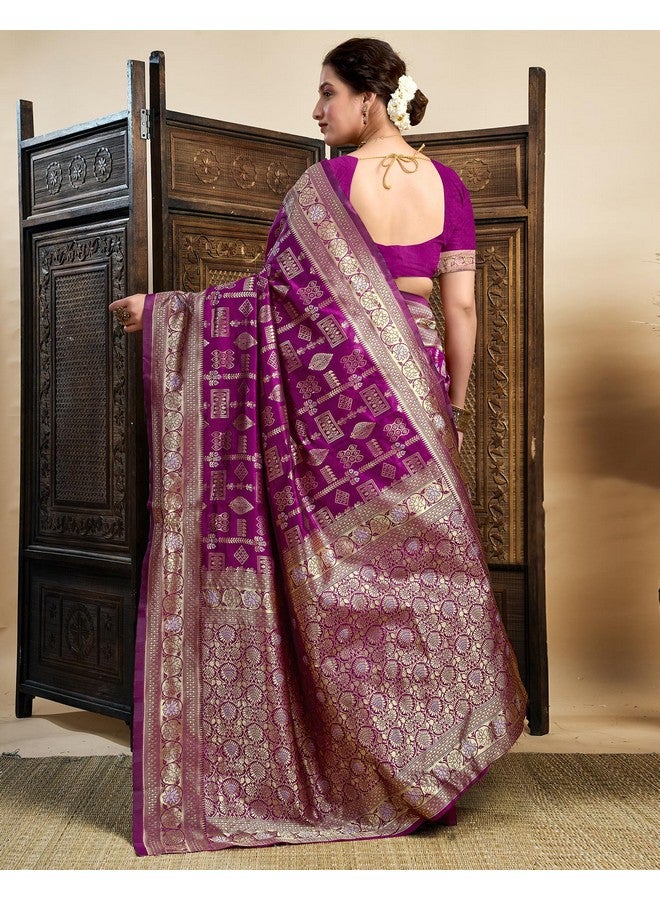 SIRIL Women's Banarasi Soft Silk Jacquard Zari Work Saree With Unstitched Blouse Piece (4203S800_Purple) - Image 4