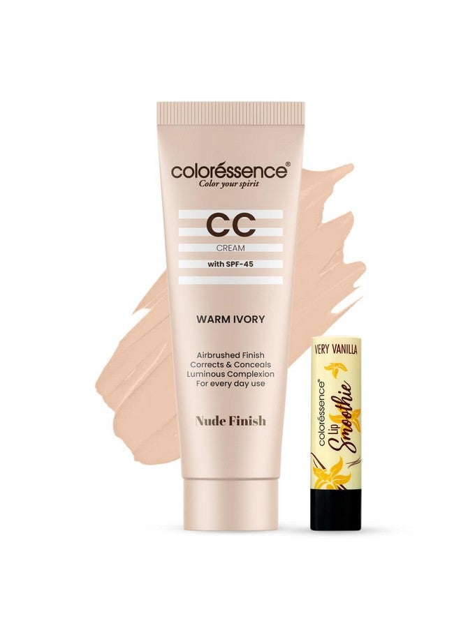 كالرسينس كريم سي سي للوجه مع عامل حماية من الشمس SPF-45 لتفتيح وتوهج فوري | يصحح ويخفي | لون البشرة بتغطية متوسطة وبلمسة نهائية عارية | مع عصير شفاه مجاني | العاج الدافئ - Image 2