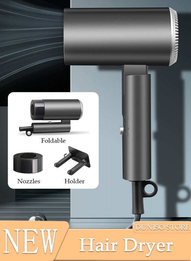 DUNISO مجفف شعر أيوني قابل للطي، 3 سرعات قوية 1800 واط، تجفيف سريع، مجفف شعر منخفض الضوضاء مع فوهة تركيز واحدة وحامل مجفف شعر للمنزل والصالون والسفر - Image 1