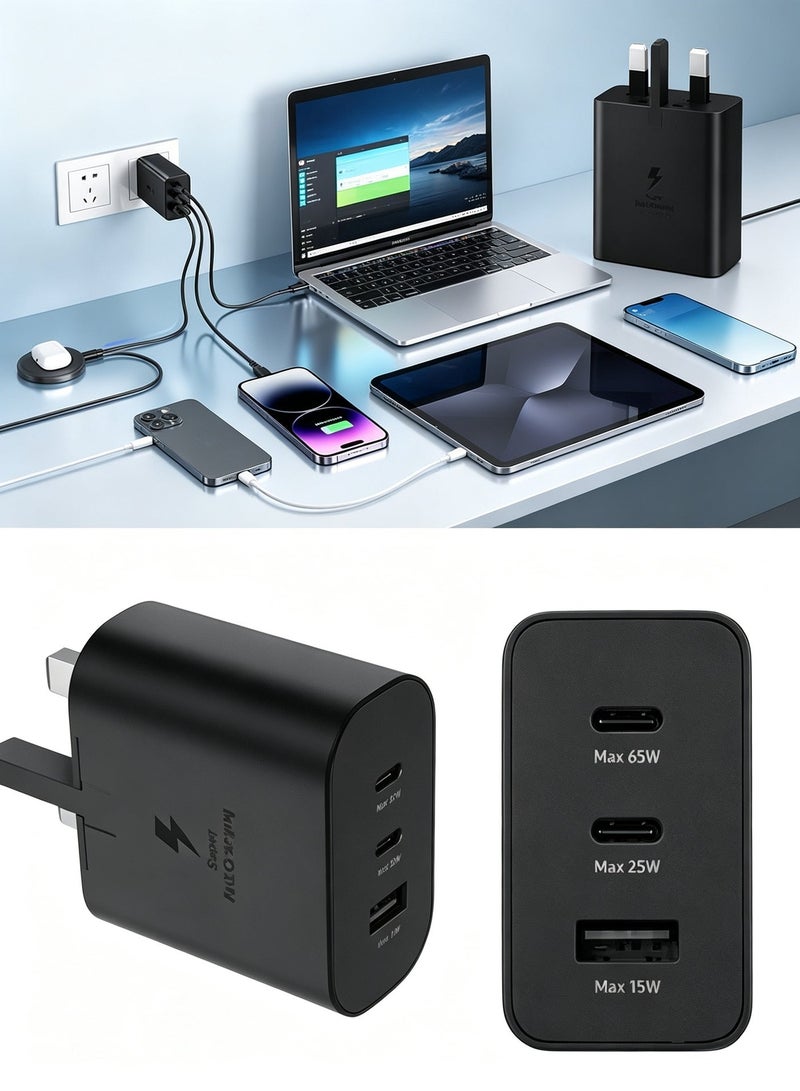 شاحن جداري USB-C بقوة 65 واط، محول شحن سريع بثلاثة منافذ مع كابل USB من نوع C مع دعم PD، شاحن مدمج لآيفون، آيباد، سامسونج غالاكسي، أجهزة الكمبيوتر المحمولة، واستخدام في السفر والمكاتب - Image 1