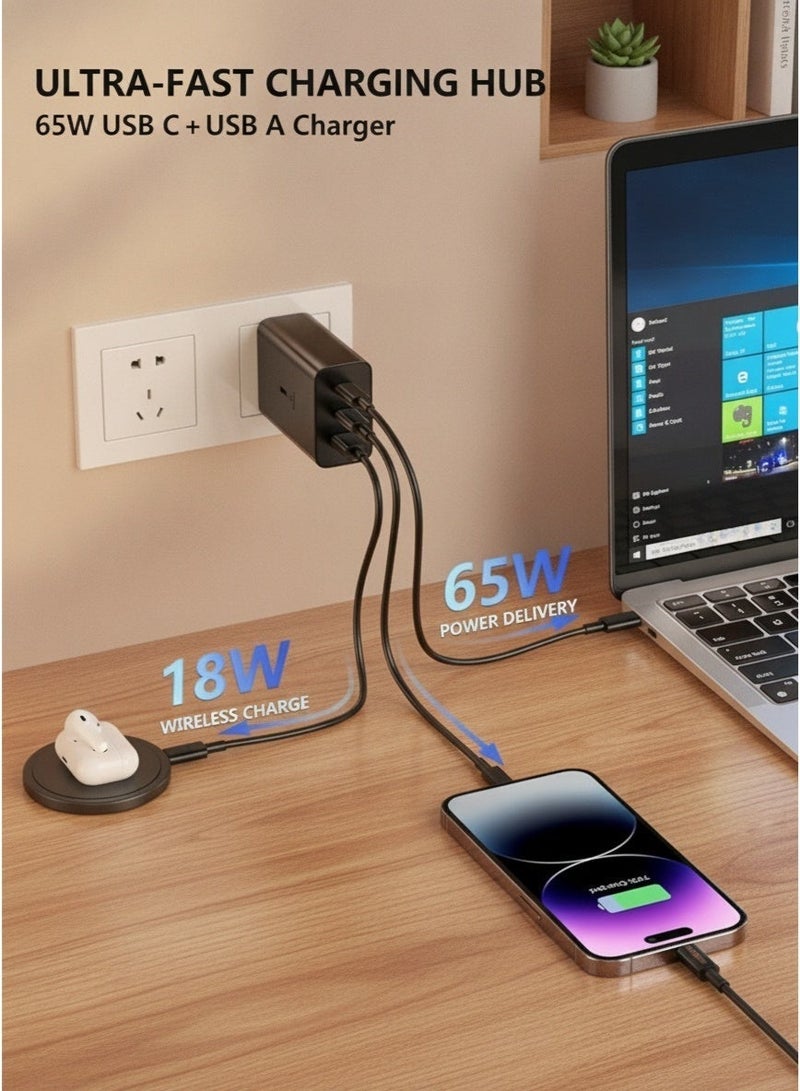 شاحن جداري USB-C بقوة 65 واط، محول شحن سريع بثلاثة منافذ مع كابل USB من نوع C مع دعم PD، شاحن مدمج لآيفون، آيباد، سامسونج غالاكسي، أجهزة الكمبيوتر المحمولة، واستخدام في السفر والمكاتب - Image 2