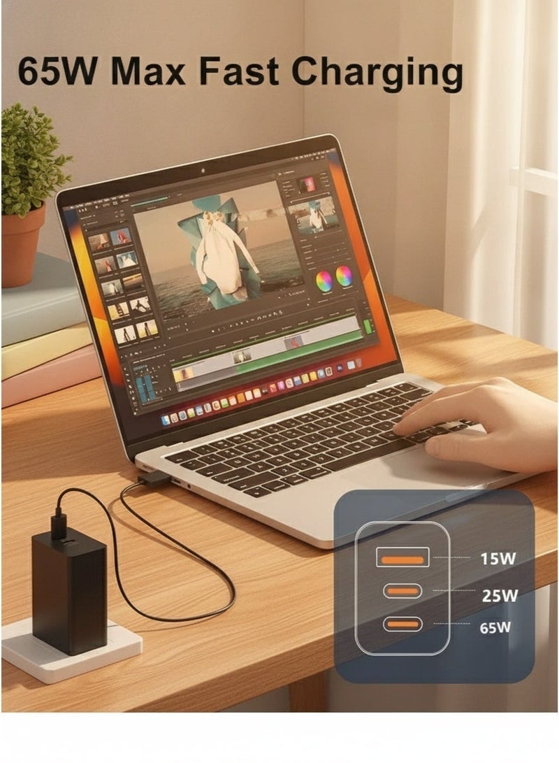 شاحن جداري USB-C بقوة 65 واط، محول شحن سريع بثلاثة منافذ مع كابل USB من نوع C مع دعم PD، شاحن مدمج لآيفون، آيباد، سامسونج غالاكسي، أجهزة الكمبيوتر المحمولة، واستخدام في السفر والمكاتب - Image 5