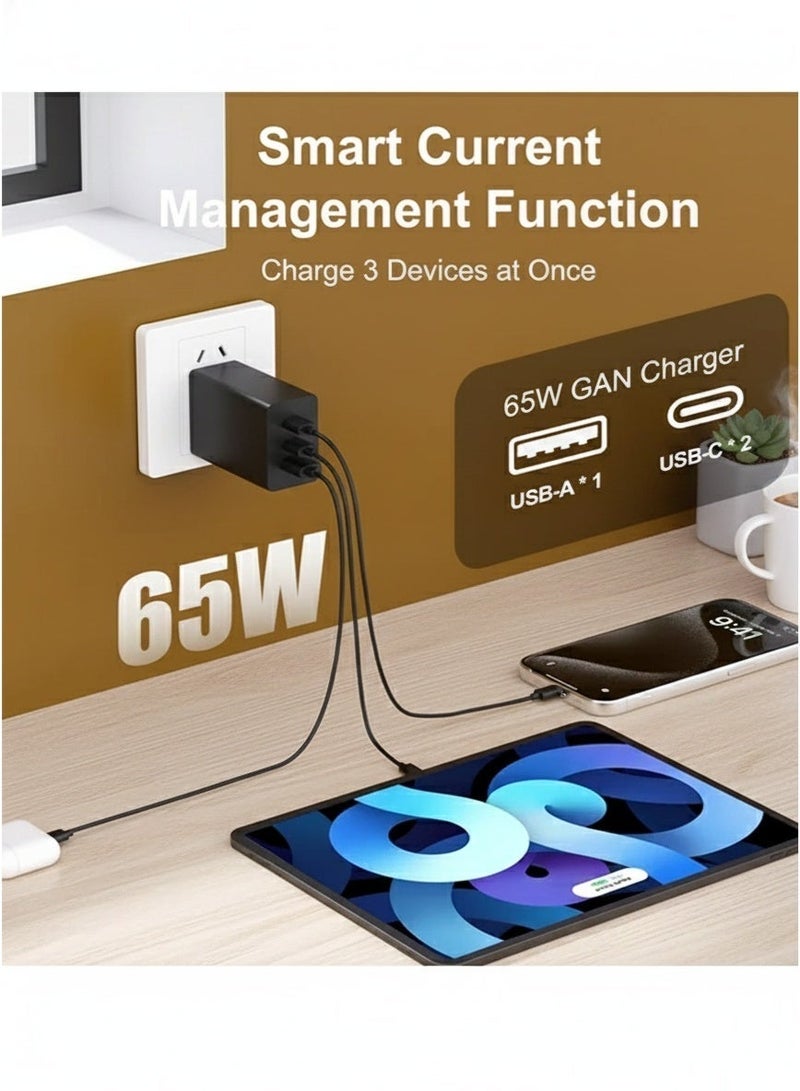 شاحن جداري USB-C بقوة 65 واط، محول شحن سريع بثلاثة منافذ مع كابل USB من نوع C مع دعم PD، شاحن مدمج لآيفون، آيباد، سامسونج غالاكسي، أجهزة الكمبيوتر المحمولة، واستخدام في السفر والمكاتب - Image 3