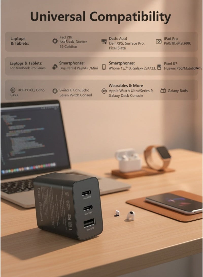 شاحن جداري USB-C بقوة 65 واط، محول شحن سريع بثلاثة منافذ مع كابل USB من نوع C مع دعم PD، شاحن مدمج لآيفون، آيباد، سامسونج غالاكسي، أجهزة الكمبيوتر المحمولة، واستخدام في السفر والمكاتب - Image 4