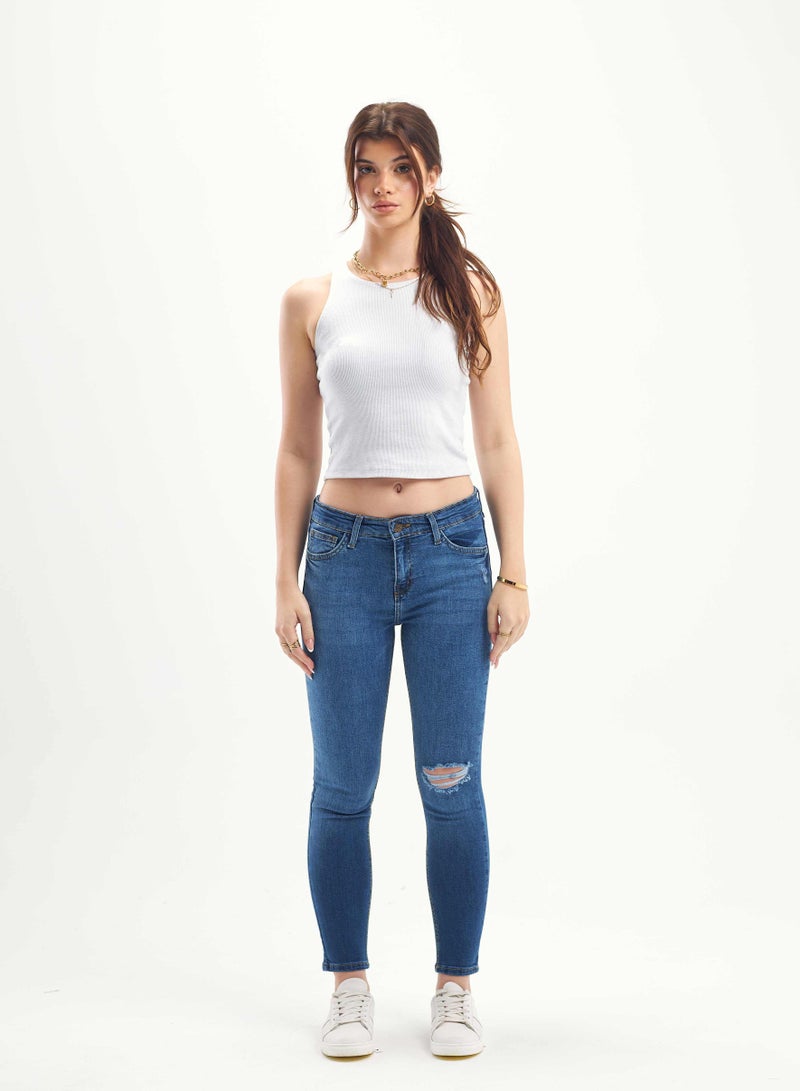 CIZARO Medium-Waist Dark Blue Shade Ripped Skinny Jeans. - Image 1