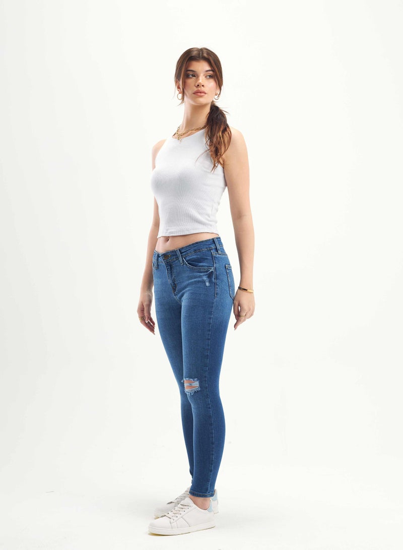 CIZARO Medium-Waist Dark Blue Shade Ripped Skinny Jeans. - Image 3