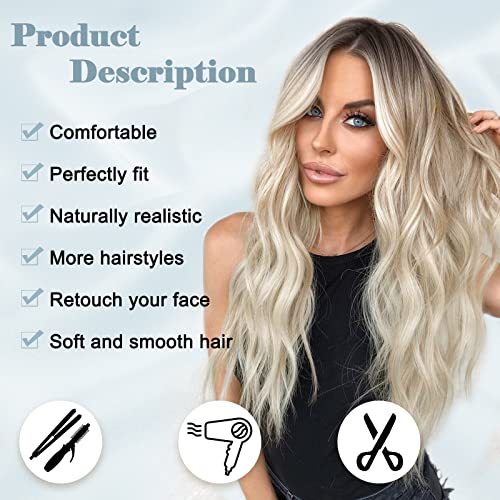 NAYOO Long Platinum Blonde Wavy Wig for Women 26 Inch Middle Part Curly Wavy Wig Natural Looking Synthetic Heat Resistant Fiber for Daily Platinum Blonde - Image 3