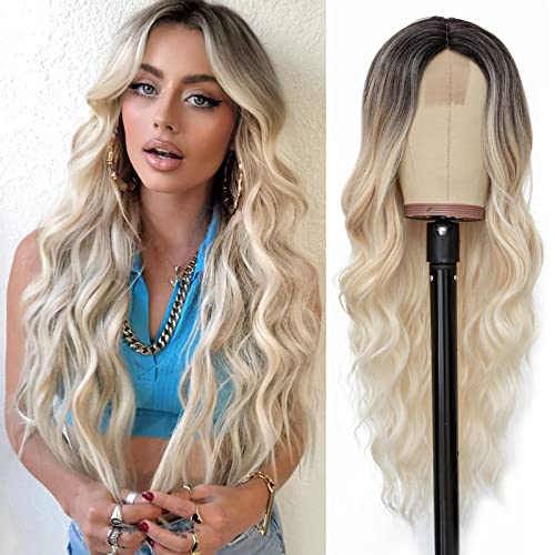 NAYOO Long Platinum Blonde Wavy Wig for Women 26 Inch Middle Part Curly Wavy Wig Natural Looking Synthetic Heat Resistant Fiber for Daily Platinum Blonde - Image 1