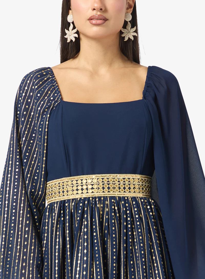 Khizana  Foil Print Dress With Flare Sleeve for Women | Best Price UAE