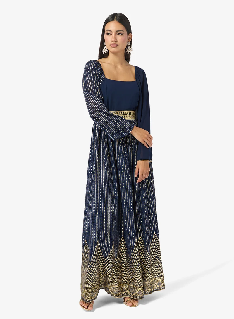 Khizana  Foil Print Dress With Flare Sleeve for Women | Best Price UAE