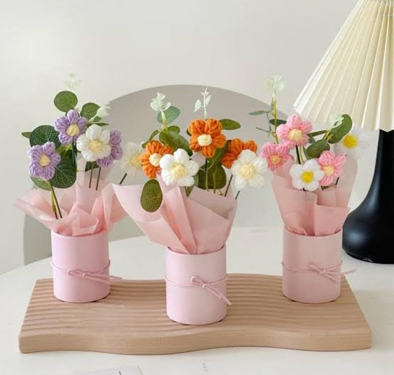 VRB Dec 1pcs Artificial Crochet Flower Bouquet/Artificial Flowers Bunch/Crochet Flowers Bouquet/Crochet Flowers/Flowers Bouquet Gift for Girls Home Decor,Gifting,etc. (Orange Daisy Bouquet) - Image 2