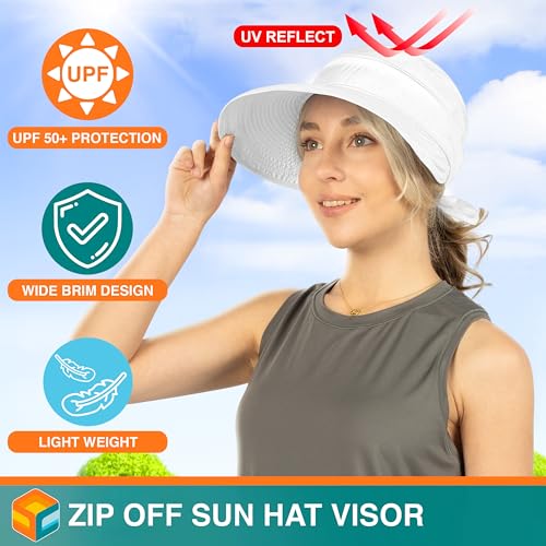 Suncube SUN CUBE Women Sun Hat for Outdoor UV Protection, Wide Brim Sun Hat Ponytail, Convertible Zip-Off Beach Hat Visor for Golf Gardening Pool Travel, Foldable Summer UPF50+ Visor Hat, White - Image 3