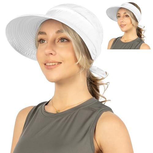 Suncube SUN CUBE Women Sun Hat for Outdoor UV Protection, Wide Brim Sun Hat Ponytail, Convertible Zip-Off Beach Hat Visor for Golf Gardening Pool Travel, Foldable Summer UPF50+ Visor Hat, White - Image 1