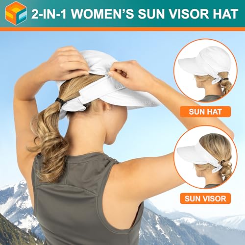 Suncube SUN CUBE Women Sun Hat for Outdoor UV Protection, Wide Brim Sun Hat Ponytail, Convertible Zip-Off Beach Hat Visor for Golf Gardening Pool Travel, Foldable Summer UPF50+ Visor Hat, White - Image 5
