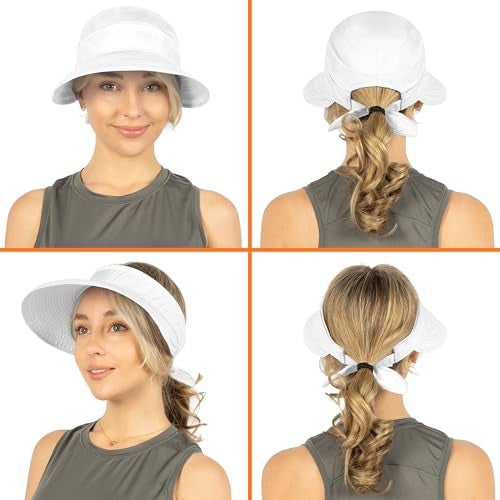 Suncube SUN CUBE Women Sun Hat for Outdoor UV Protection, Wide Brim Sun Hat Ponytail, Convertible Zip-Off Beach Hat Visor for Golf Gardening Pool Travel, Foldable Summer UPF50+ Visor Hat, White - Image 4