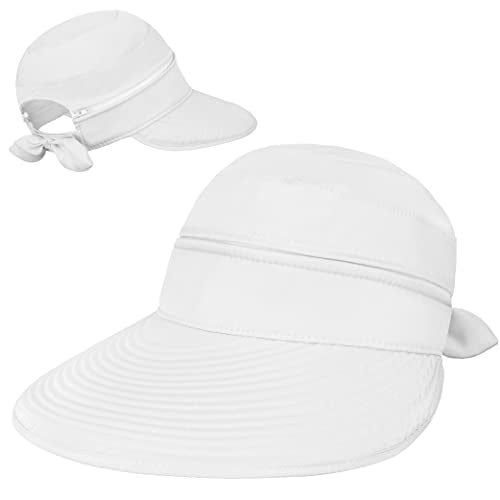 Suncube SUN CUBE Women Sun Hat for Outdoor UV Protection, Wide Brim Sun Hat Ponytail, Convertible Zip-Off Beach Hat Visor for Golf Gardening Pool Travel, Foldable Summer UPF50+ Visor Hat, White - Image 2