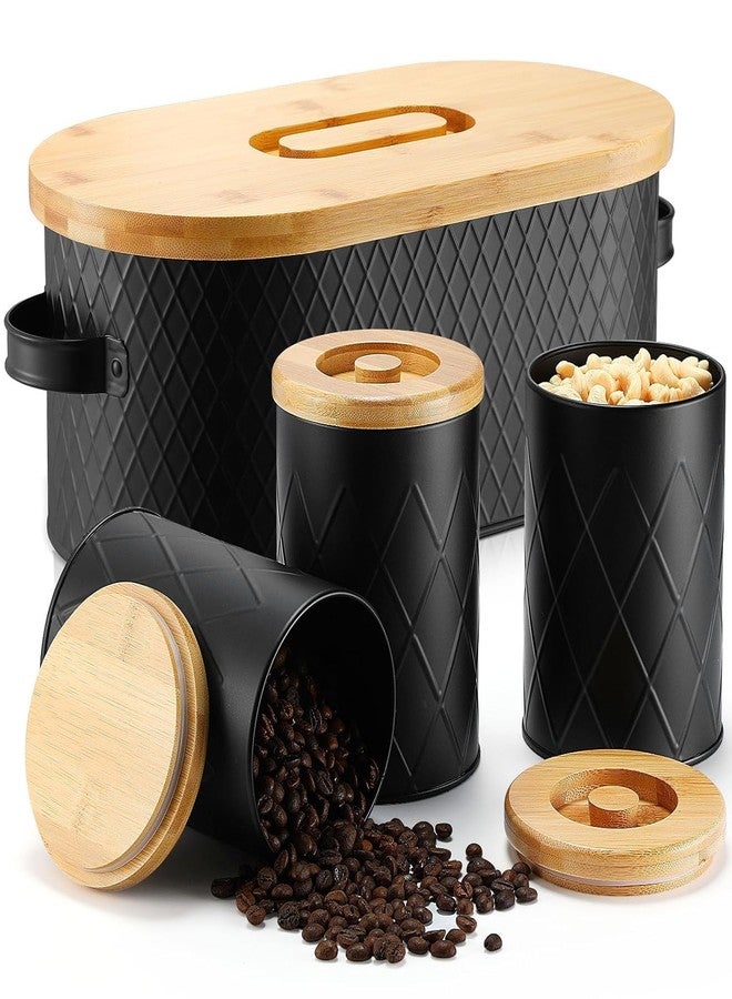 MUGATH Large Bread Box with Matching Canisters Set, 5 Piece Black Metal Bread Bin with Bamboo Lid Cutting Board, Airtight Kitchen Storage for Tea Coffee Sugar Biscuit - Image 1