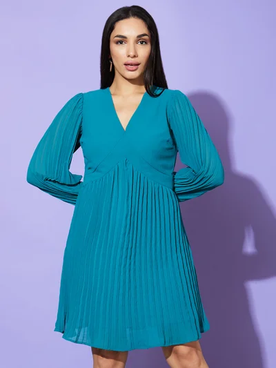 globus Women Teal Blue Bishop Sleeve Georgette A Line Dress