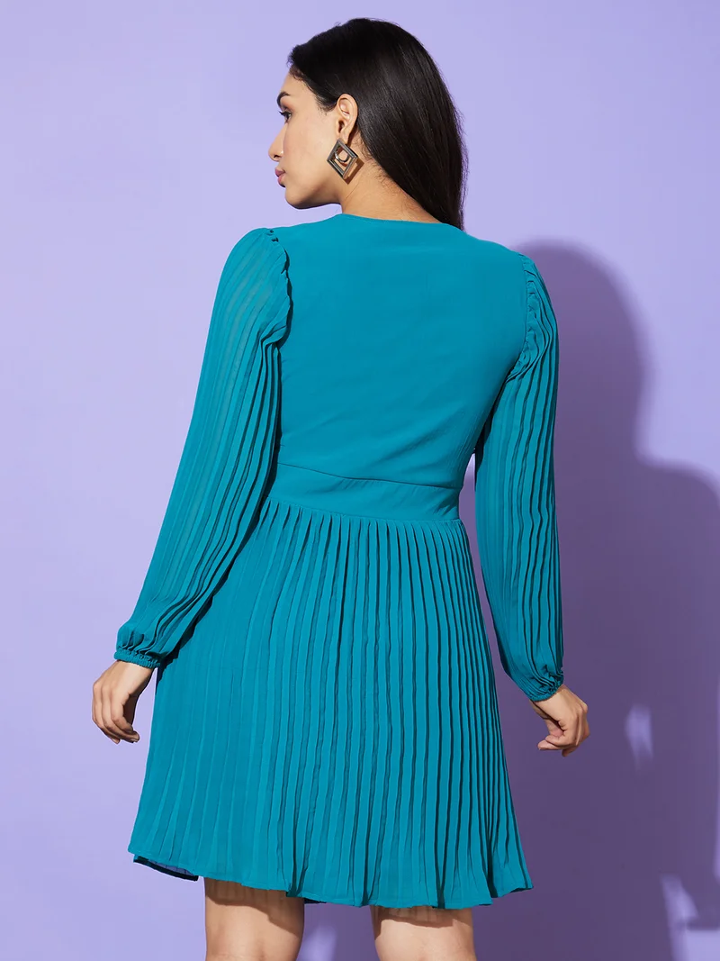 globus Women Teal Blue Bishop Sleeve Georgette A Line Dress