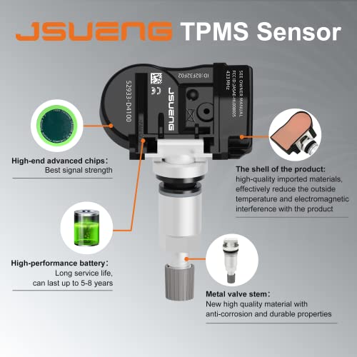 Jsueng 433MHZ Tire Pressure Monitoring System Sensor for Hyundai Sonata Veloster Kona Elantra, Kia NIRO Soul, 52933-D4100 TPMS Sensor Replaces 52933F2000 52933D9100 4-Pack - Image 4