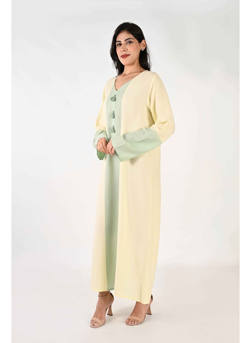 LINELLE جلابية لينيل للسيدات - تصميم بلونين أصفر زبدة ورمادي مع تفاصيل من الدانتيل - Image 3