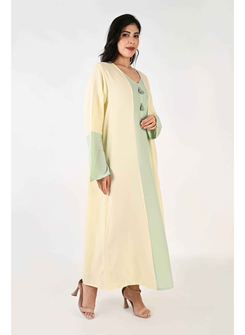 LINELLE جلابية لينيل للسيدات - تصميم بلونين أصفر زبدة ورمادي مع تفاصيل من الدانتيل - Image 2