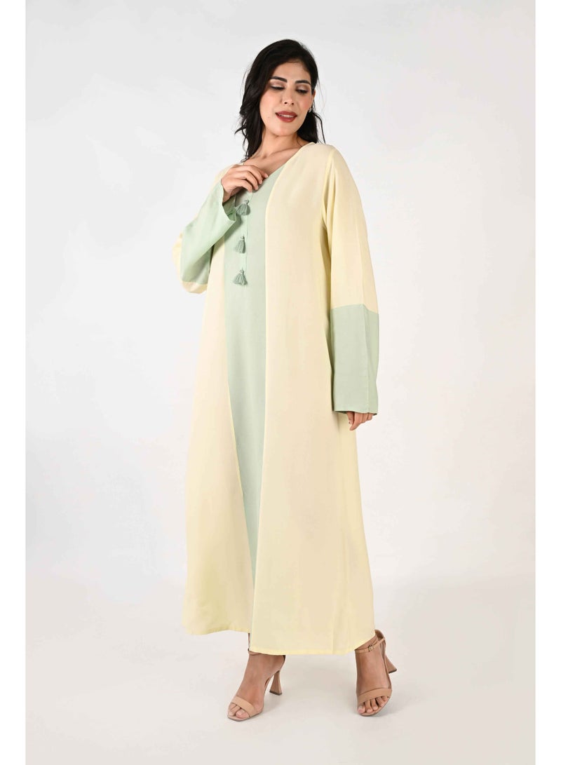 LINELLE جلابية لينيل للسيدات - تصميم بلونين أصفر زبدة ورمادي مع تفاصيل من الدانتيل - Image 4