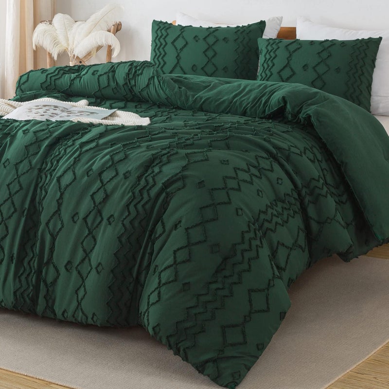 Andency King Size Comforter Set 3 Pieces Dark Emerald Green Boho Tufted Geometric Shabby Chic Bedding Soft Fluffy Farmhouse Bed Set Jacquard Textured Comforter for All Season 104x90 Inch