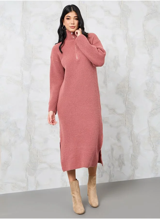Styli Solid Half Zip Knit Sweater Midi Dress