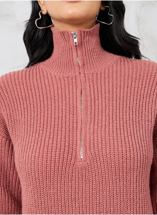 Styli Solid Half Zip Knit Sweater Midi Dress