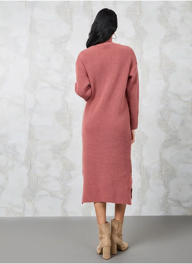Styli Solid Half Zip Knit Sweater Midi Dress