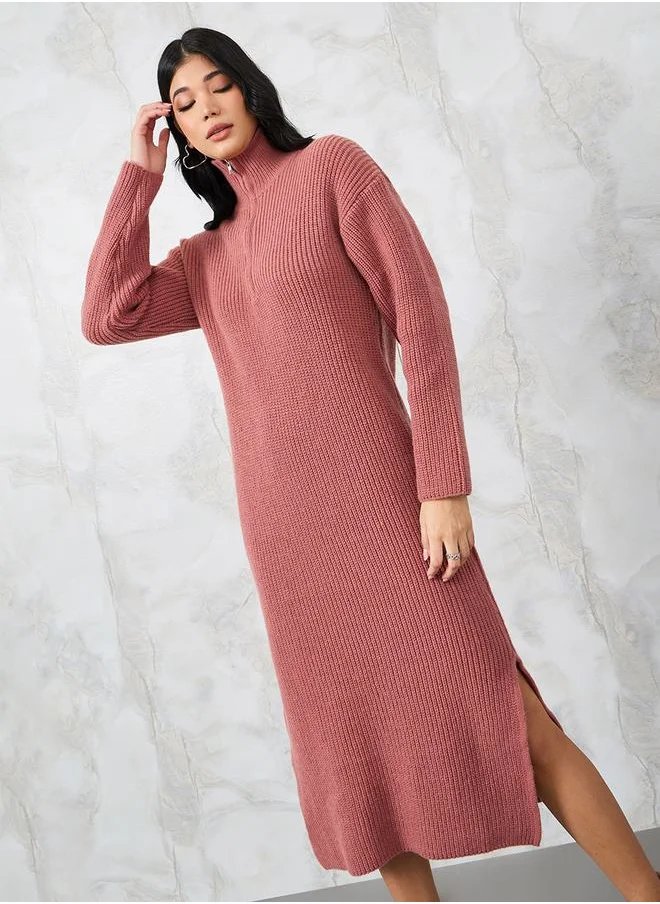 Styli Solid Half Zip Knit Sweater Midi Dress