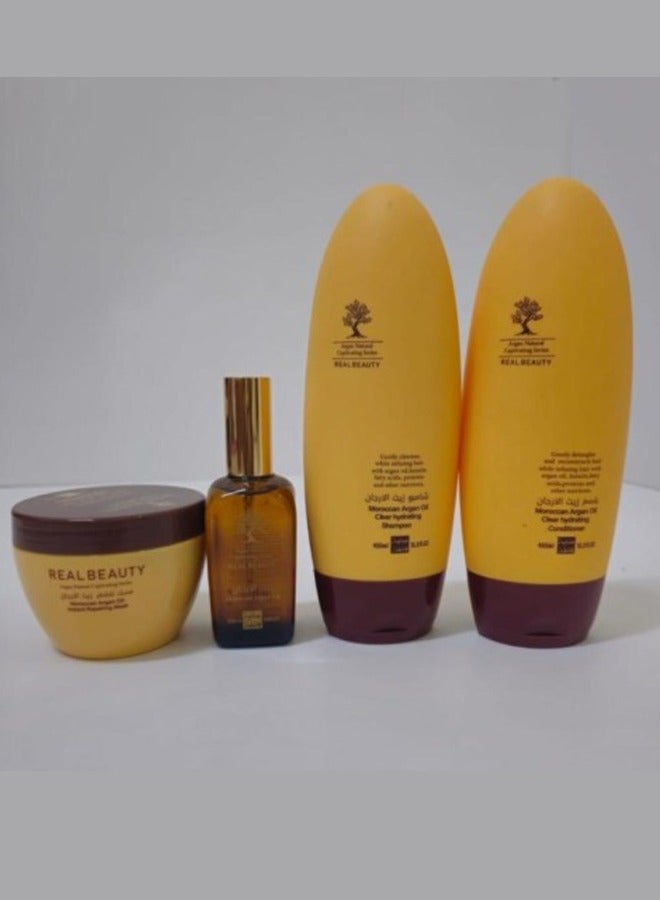 REALBEAUTY Argan Oil Hair Care Set For Hair Loss Protection, 4 Pieces Shampoo 450ml Conditioner 450ml Mask 300ml Serum 100ml - Image 1