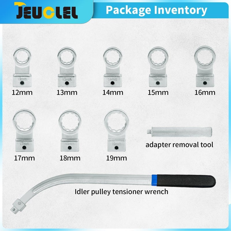 JEUCLEL 10 قطع من مجموعة مفاتيح ربط حزام التوقيت المساعد العالمي، مجموعة مفاتيح ربط بكرة شد الحزام المتعرج، أداة إزالة صامولة وبرغي شد حزام التوقيت للمحرك - Image 2