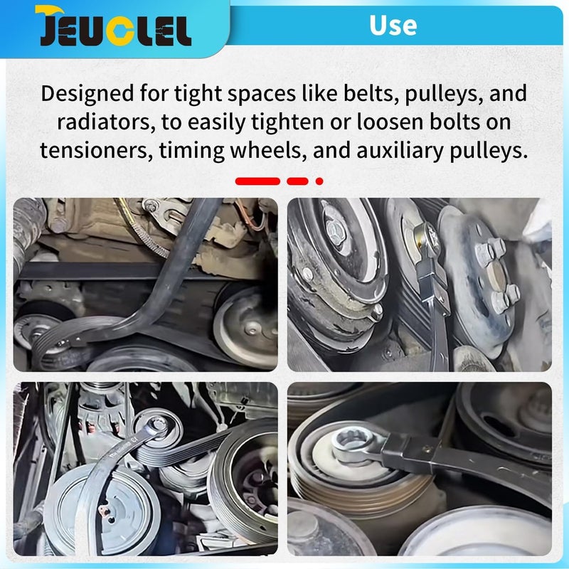 JEUCLEL 10 قطع من مجموعة مفاتيح ربط حزام التوقيت المساعد العالمي، مجموعة مفاتيح ربط بكرة شد الحزام المتعرج، أداة إزالة صامولة وبرغي شد حزام التوقيت للمحرك - Image 4