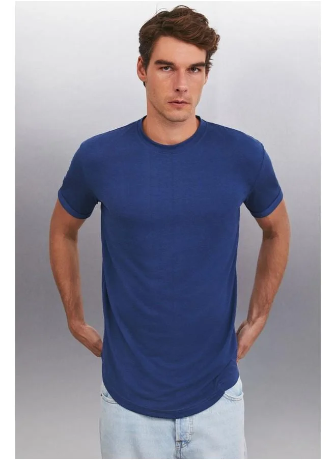 GRIMELANGE Oscar Men's 100% Organic Cotton Comfort Fit Long Draped Fabric Dark Blue T-Shirt