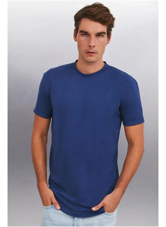 GRIMELANGE Oscar Men's 100% Organic Cotton Comfort Fit Long Draped Fabric Dark Blue T-Shirt