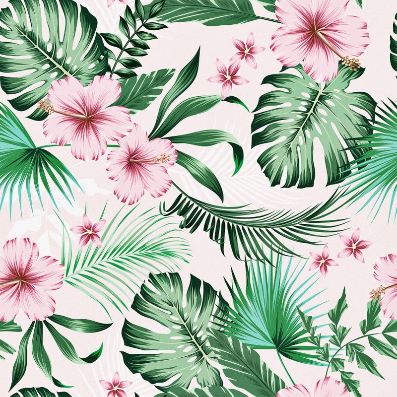 WESTICK Leaf Wallpaper Peel and Stick Tropical Botanical Palm Leaves with Pink Hibiscus Flowers Self Stick Floral Wall Paper Jungle Forest Wallpapers for RV Bathroom Drawer Dresser 175 x 118 in