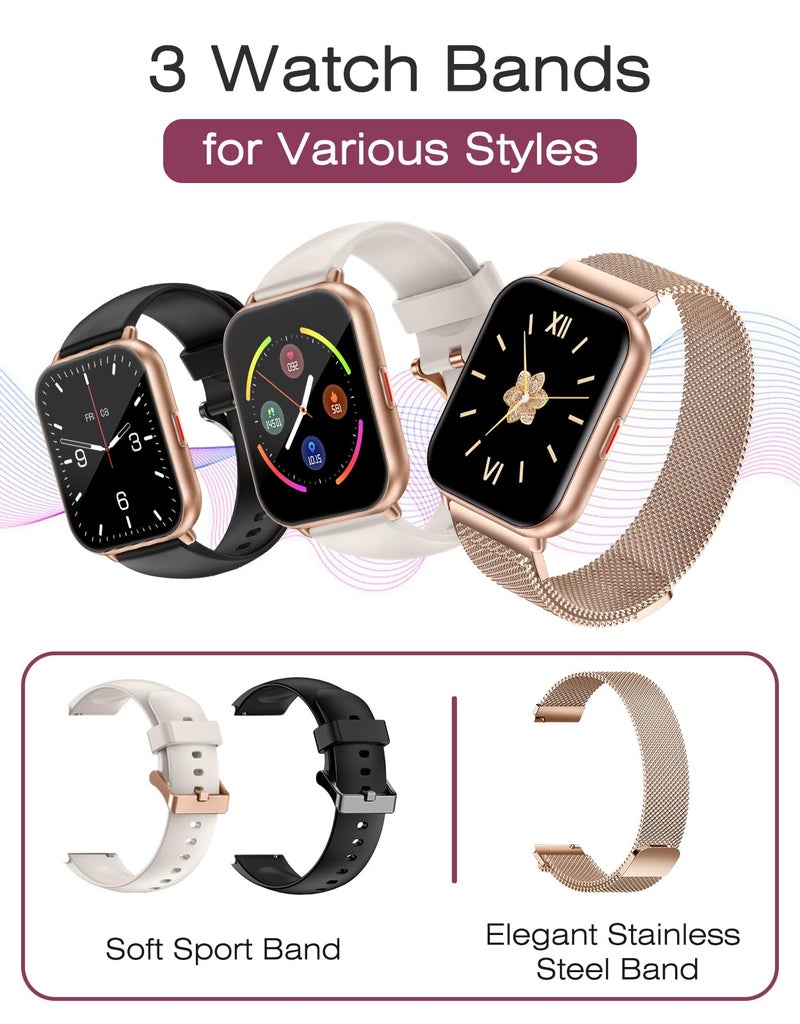 Cloudpoem Smart Watches for Women Men (Answer/Make Calls, 3 Bands), 1.85" Fitness Tracker Watch for iPhone/Android Phones with Heart Rate Monitor Sleep/Steps Tracker 100+ Sports Pedometer Waterproof Gold - Image 2