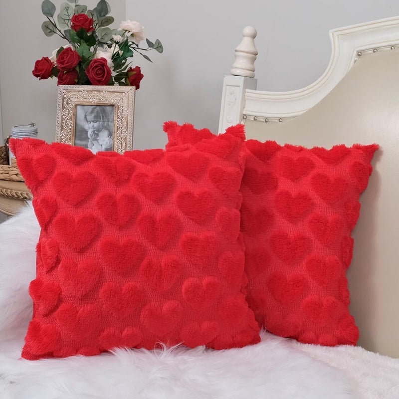 GEEORY Valentines Day Soft Plush Love Heart Pillow Covers, 18 x 18 Inch Set of 2, Faux Fur Wool Decorative Anniversary Cushion Case for Sofa Home Decoration Red GC010-18 - Image 1