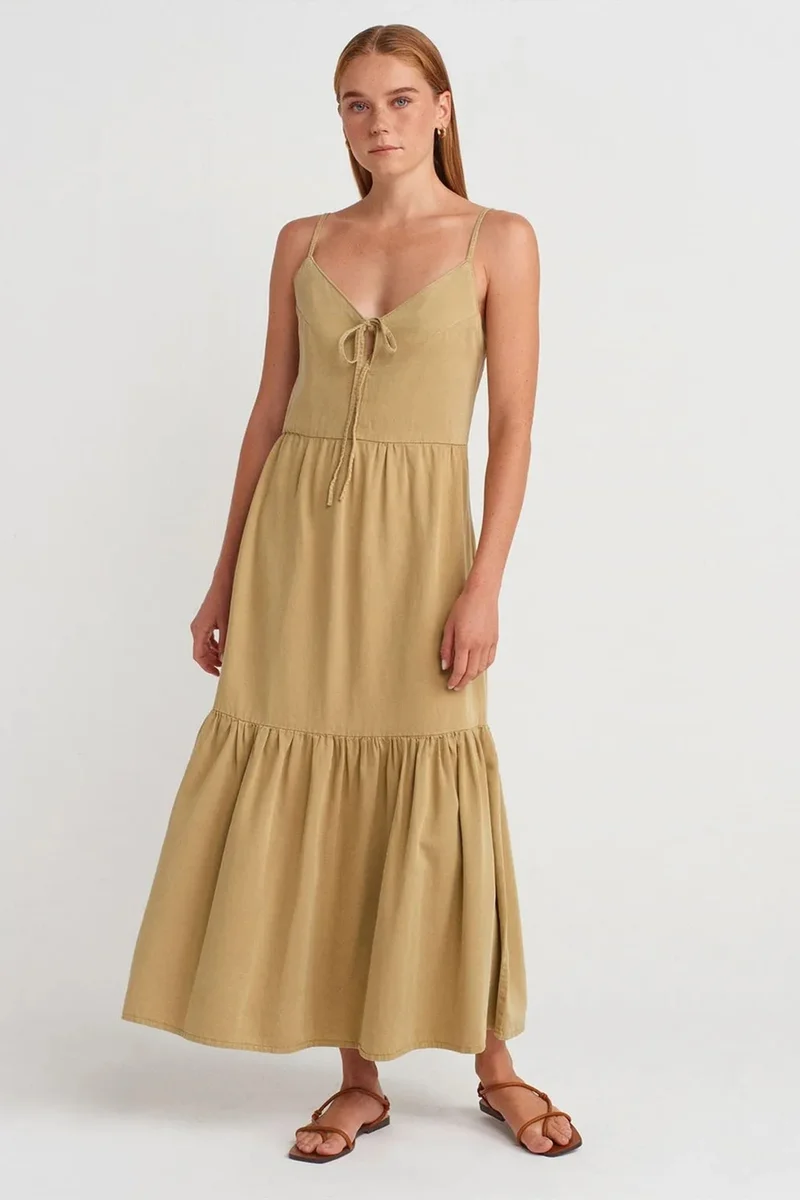 Dilvin Khaki Green DILVIN Sleeveless A-line Maxi Dress With Tie Front for Women | Best Price UAE