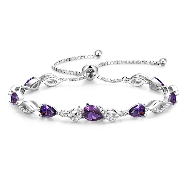 FANCIME February Birthstone Teardrop Amethyst Tennis Bracelet for Women, Sterling Silver 9x7mm main Gemstone Bolo Adjustable Chain Bracelet Fine Jewelry Birthday Gifts for Women Mom Wife Her - Image 1