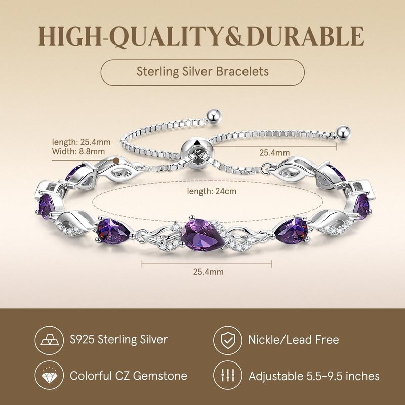 FANCIME February Birthstone Teardrop Amethyst Tennis Bracelet for Women, Sterling Silver 9x7mm main Gemstone Bolo Adjustable Chain Bracelet Fine Jewelry Birthday Gifts for Women Mom Wife Her - Image 5