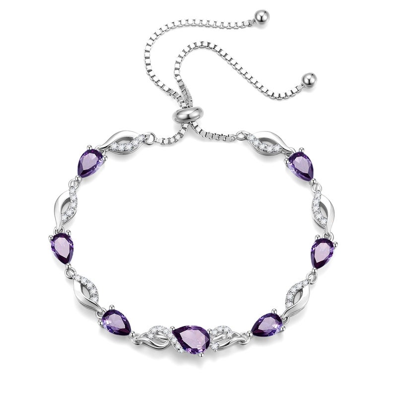 FANCIME February Birthstone Teardrop Amethyst Tennis Bracelet for Women, Sterling Silver 9x7mm main Gemstone Bolo Adjustable Chain Bracelet Fine Jewelry Birthday Gifts for Women Mom Wife Her - Image 2