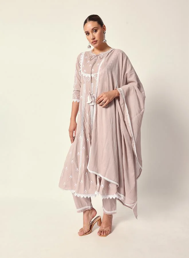 ISHIN Women's Beige Cotton Textured Tunic Full Palazzo Regular Fit Kurta Set